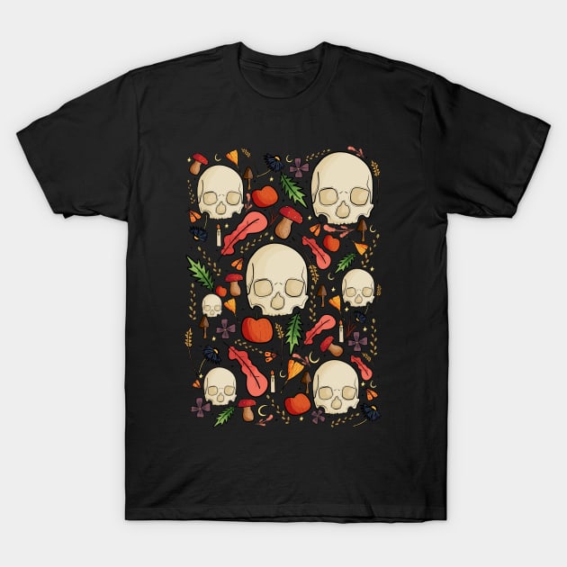 Skulls, leaves and mushrooms T-Shirt by Swadeillustrations